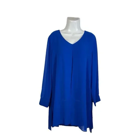 Chico's 2 Long Split Front Tunic Top Large Sheer Long Sleeve Royal Blue Layered - Picture 5 of 10